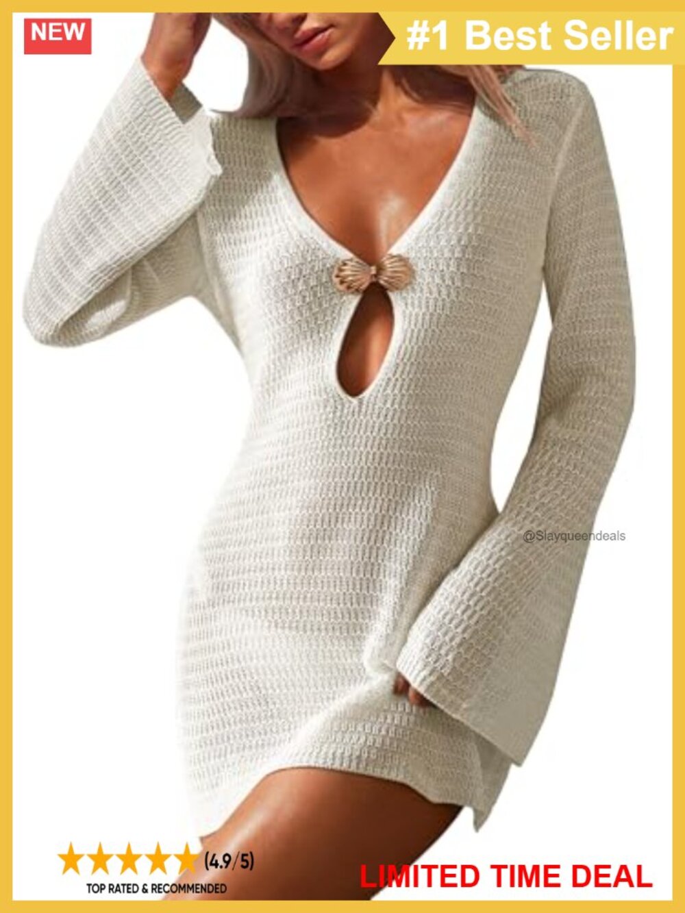 Crochet Knit Swim Coverup Long Bell Sleeve V-Neck Beach Dress